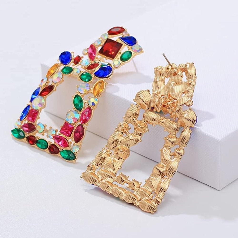 NWT Rhinestone Rectangle Dangle Statement Earrings - Picture 5 of 9